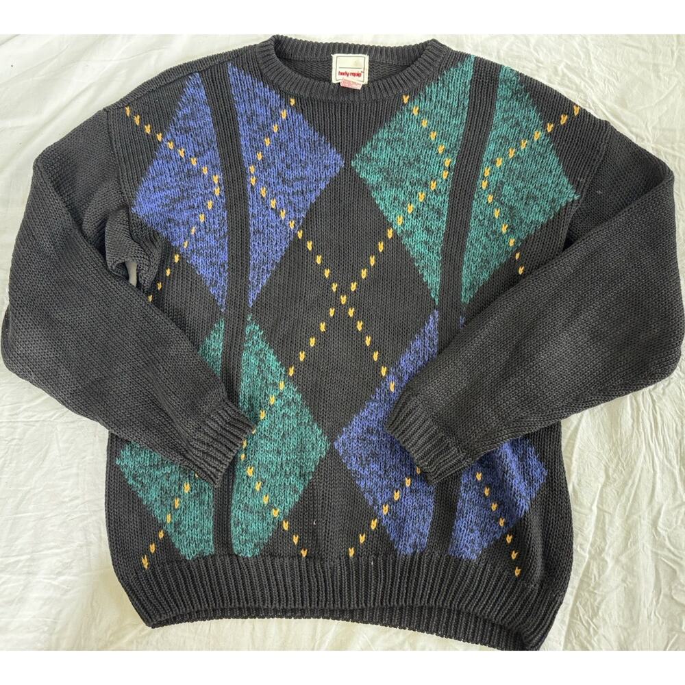 Vintage 1980s Men’s Blue Green Knit Argyle Pullover Sweater